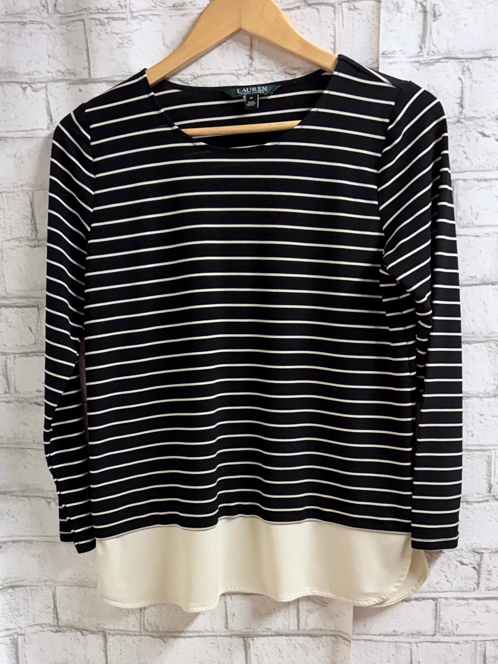 Ralph Lauren Black & White Striped Long Sleeve Top with Cream Hem
